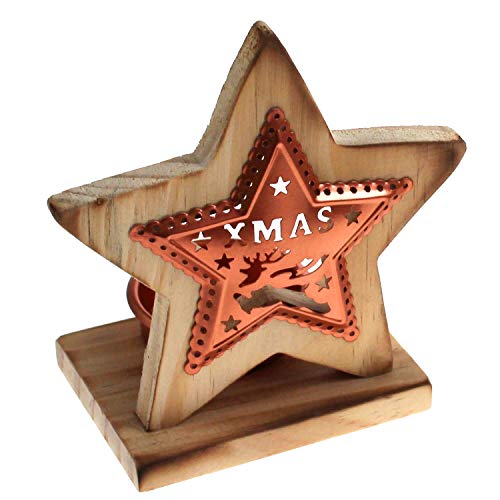Unbekannt Teelichthalter Stern aus Holz & Kupfer Weihnachten Dekoration Kerze Xmas Teelicht 10x6,3x10cm von Unbekannt
