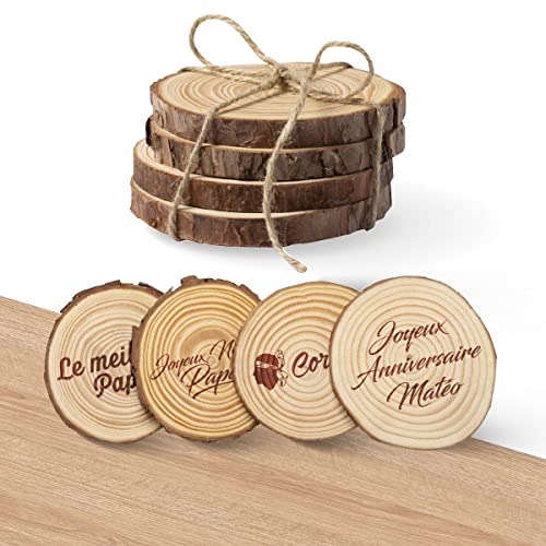 Untersetzer aus Holz, personalisierbar, 4 Stück, runde Untersetzer aus Holz, zum Personalisieren von GRAVURE CONCEPT