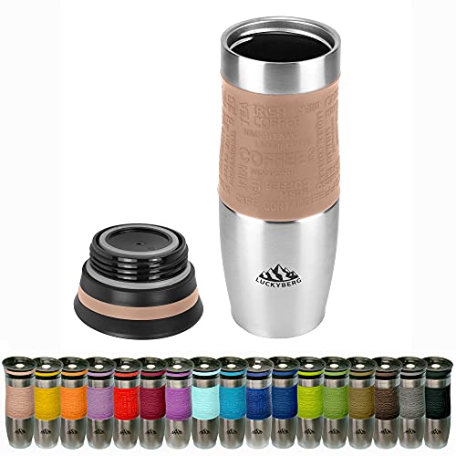 Vakuumisoliert Hervorragende Qualität Thermobecher Travel mug Für Kaffee oder Tee Rostfreier Stahl Thermosflasche Doppelwandig Ein Hand öffnen (380 ml, Braun) von Luckyberg