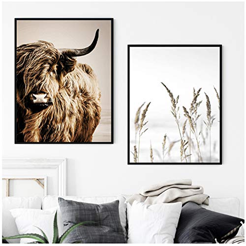 Wandkunst Leinwand Malerei Weizen Pflanze Nordic Highland Kuh Alpaka Poster Und Drucke Landschaft Wandbilder Für Wohnzimmer Decor-60x80 cm Kein Rahmen von Unbekannt