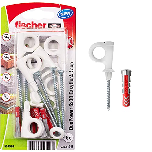 fischer EasyHook Loop K (6), Set aus 6 Ösenhaken-Schrauben und DuoPower 6 x 30 Dübeln, Spanplattenschrauben mit Haken, flexible Schraubhaken zur Montage in zahlreichen Baustoffen von fischer