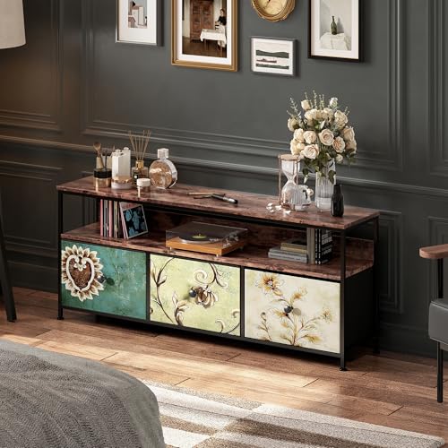 Moderner LED-TV-Möbel, TV-Möbel aus Holz mit 3 Schubladen, Motiv aus schwarzem Stoff, multifunktional, verstellbare Füße, 108 x 29,8 x 78 cm, bunt von UnboxGermany