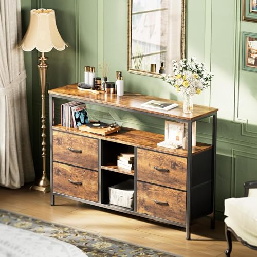 Moderner LED-TV-Möbel, TV-Möbel aus Holz mit 4 Schubladen, Motiv aus schwarzem Stoff, multifunktional, verstellbare Füße, 108 x 29,8 x 76,8 cm, Natur von UnboxGermany