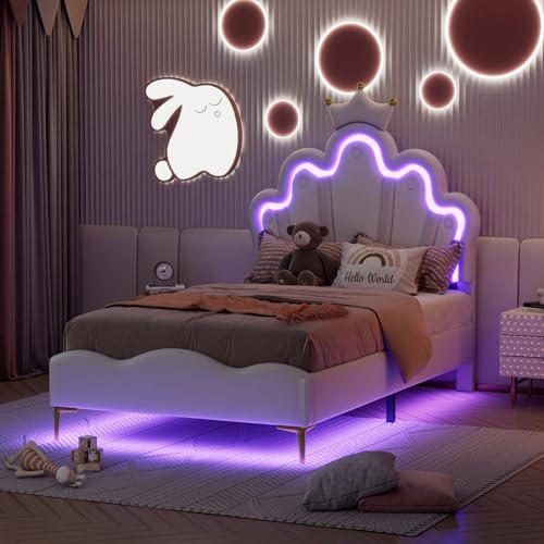 UnboxGermany Kinderbett 90 x 200 cm mit LED, Prinzessinnenbett Krone, gepolstertes Einzelbett mit Lattenrost, PU, Weiß von UnboxGermany
