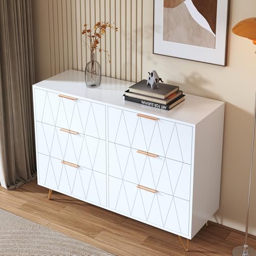 UnboxGermany Moderne weiße Kommode mit 6 Schubladen, vielseitig, mit goldenen Griffen und Metallbeinen, Aufbewahrungsmöbel für Schlafzimmer, Wohnzimmer, Büro oder Flur, 120 x 77 x 40 cm von UnboxGermany
