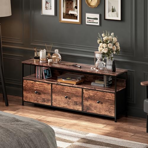 UnboxGermany Moderner LED-TV-Möbel, TV-Möbel aus Holz mit 3 Schubladen, Motiv aus schwarzem Stoff, multifunktional, verstellbare Füße, 108 x 29,8 x 78 cm, Natur von UnboxGermany