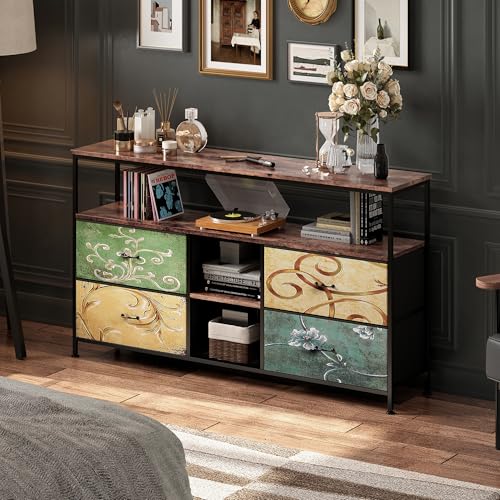 UnboxGermany Moderner LED-TV-Möbel, TV-Möbel aus Holz mit 4 Schubladen, Motiv aus schwarzem Stoff, multifunktional, verstellbare Füße, 108 x 29,8 x 76,8 cm, bunt von UnboxGermany