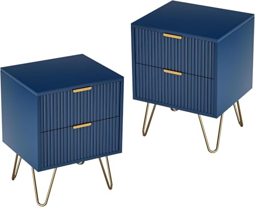 UnboxGermany Nachttisch, tiefblau, mit 2 Schubladen, Griffen und Füßen, goldfarben, Design mit konvexen und konkaven Linien, robuste und langlebige Struktur, blau, 2 Stück UnboxGermany Nachttisch, tiefblau, mit 2 Schubladen, Griffen und Füßen, goldfarben, Design mit konvexen und konkaven Linien, robuste und langlebige Struktur, blau, 2 Stück von UnboxGermany