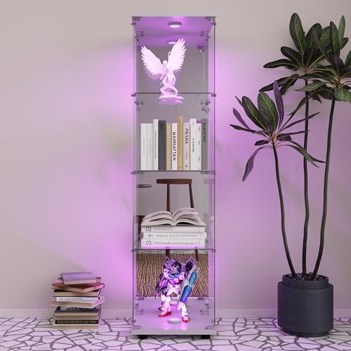 UnboxGermany Vitrine auf Fuß aus Glas, Sammlervitrine – 4 Schichten – 1 Tür – LED – 42 x 36 x 164 cm – Rückwand aus Spiegelglas, für Wohnzimmer, Schlafzimmer, Büro – Weiß von UnboxGermany