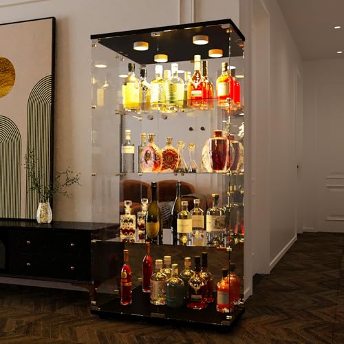 UnboxGermany Vitrine auf Fuß aus Glas, Sammlervitrine – 4 Schichten – 2 Türen – LED – 80,5 x 36,5 x 164 cm – Rückwand aus Spiegelglas, für Wohnzimmer, Schlafzimmer, Büro – Schwarz von UnboxGermany