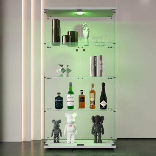 UnboxGermany Vitrine auf Fuß aus Glas, Sammlervitrine – 4 Schichten – 2 Türen – LED – 80,5 x 36,5 x 164 cm – für Wohnzimmer, Schlafzimmer, Büro – Weiß von UnboxGermany