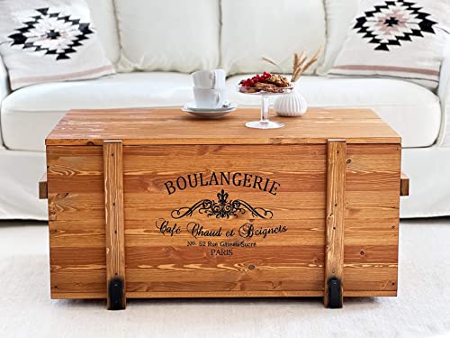 Uncle Joe´s Truhe Boulangerie Couchtisch Truhentisch im Vintage Shabby chic Style aus Massiv-Holz in braun mit Stauraum und Deckel Holzkiste Beistelltisch Landhaus Wohnzimmertisch Holztisch nussbaum von Uncle Joe´s