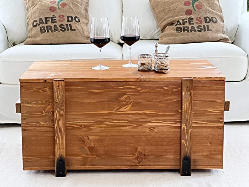 Uncle Joe´s Truhe Couchtisch Truhentisch im Vintage Shabby chic Style aus Massiv-Holz in braun mit Stauraum und Deckel Holzkiste Beistelltisch Landhaus Wohnzimmertisch Holztisch nussbaum von Uncle Joe´s