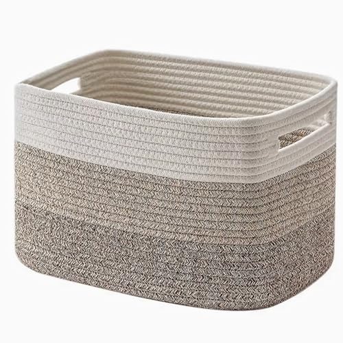 Uncle yang Großer Aufbewahrungskorb aus Baumwollseil – Handgewebter Wäschekorb in Weiß & Braun – Rechteckiger Korb für Wohnzimmer, Schlafzimmer, Kinderzimmer – Faltbar & Dekora (37×25×22 cm) von Uncle Yang