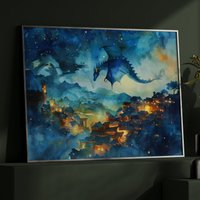 Blauer Drache Aquarell Kunst Horizontales Poster Druck Fantasy Art Königreich Bei Nacht Und Ein Gemälde, Dark Academia von UncoloredX12