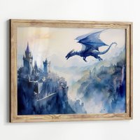 Blauer Drache Aquarell Kunst Horizontales Poster Druck Schloss Drachen Fantasy Gemälde, Illustration Dark Academia von UncoloredX12