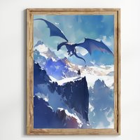 Blauer Drache Aquarell Kunst Vertikale Poster Druck Fantasy-Kunst Schloss Und Ein Fantasy Malerei, Aquarell-Illustration Dark Academia von UncoloredX12