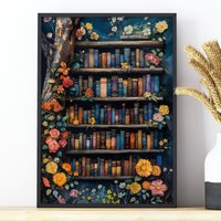 Bücher Blumen Bücherregal Druck Dunkle Academia Drucke, Stimmungsvolle Wandkunst, Dunkle Cottagecore, Vintage Ästhetik, Antikes Ölgemälde Bücherwurm von UncoloredX12