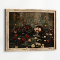 Dark Academia Print - Ophelia Schwimmen Mit Blumen, Goth Moody Victorian Wandkunst, Dunkle Dekorästhetik, Dunkler Cottagecore, Gothic Drucke von UncoloredX12