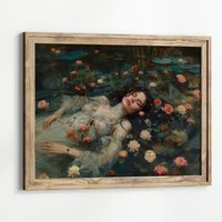 Dark Academia Print - Ophelia Schwimmen Mit Blumen, Goth Moody Victorian Wandkunst, Dunkle Dekorästhetik, Dunkler Cottagecore, Gothic Drucke von UncoloredX12