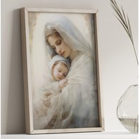 Die Jungfrau Maria, Die Baby Jesus Eingewickelte Wand-Kunst Hält, Religiöse Wandkunst Christliche Moderne Malerei Druck Perfektes Geschenk Für Mütter von UncoloredX12