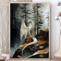 Forest White Dragon Aquarell Kunst Vertikales Poster Print Fantasy Walddrache Malerei, Illustration Dark Academia von UncoloredX12