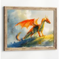 Kindergarten-Drache Mit Wildblumen, Aquarell-Kunst-Poster, Druck, Fantasy-Kunst, Wald Und Ein Drache, Fantasy-Gemälde, Illustration Dark Academia von UncoloredX12