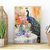 Pfau Auf Dem Tisch Küche Vertikaler Posterdruck Retro Hausgarten Cottage Core Vintage-Kunstdruck Wohnkultur Bauernhaus Wallart Rustikale Kunst von UncoloredX12