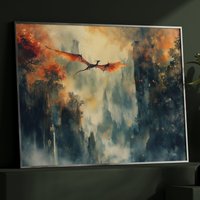 Roter Drache Aquarell Kunst Horizontal Poster Druck Fantasy Wald Und Ein Gemälde, Illustration Dark Academia von UncoloredX12