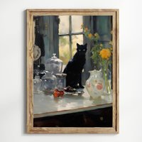 Schwarze Katze Poster Für Die Küche Altes Gemälde Cottagecore Vintage Kunstdruck Wohnkultur Katzenliebhaber von UncoloredX12