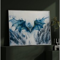 Verschneiter Walddrache Aquarell Kunst Horizontales Plakat 3D Druck Fantasy Art Blauer Drache Malerei, Illustration Dark Academia von UncoloredX12