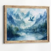 Walddrache Aquarell Kunst Horizontales Poster Druck Fantasy Wald Und Ein Drache Gemälde, Illustration Dark Academia von UncoloredX12