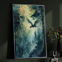 Walddrache Aquarell Kunst Vertikal Poster Druck Fantasy Wald Und Ein Drache Gemälde, Illustration Dark Academia von UncoloredX12