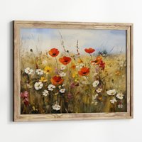 Wildblumen Feld Landschaft Horizontales Poster Ölgemälde, Vintage Kunstdruck Land Wand Kunst Cottagecore Wohnkultur Blumen von UncoloredX12