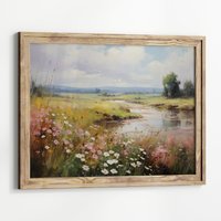 Wildblumen Feld Landschaft Horizontales Poster Ölgemälde, Vintage Kunstdruck Land Wand Kunst Cottagecore Wohnkultur Blumen von UncoloredX12