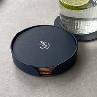 Nautisch Inspiriertes Set Aus 6 Recycelten Lederkorkuntersetzern Und Halter Mit Ankermotiv von UndercoverUK