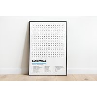 Cornwall Wordsearch Kunstdruck Poster A4 A3 | Bodmin Moor Eden Projekt Newquay Penzance Lands End Truro Falmouth Minack von UnderdogSearch