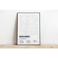 Retro Sweets Candy Wordsearch Style Qualität Kunstdruck Poster A4 A3 | Bon Bons Sherbert Popping Fliegende Untertassen Opal Früchte Obst Salate von UnderdogSearch