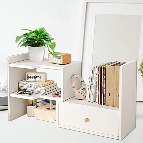 Undres Bücherregal,Desk Organizer,Schreibtisch Regal,Desktop-Bücherregal,Bücherregal aus Holz,Hergestellt aus hochwertiger MDF-Platte,für Schlafzimmer,Büro,Arbeitszimmer. (Weiß, Mit Schublade) von Undres