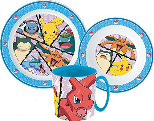 Kompatibel zu Pokemon Kinder-Geschirr Set mit Teller, Müslischale und Trinkbecher (wiederverwendbar) von Une