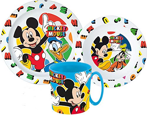 Mickey Maus Kinder-Geschirr Set mit Teller, Müslischale und Trinkbecher (wiederverwendbar) von Une