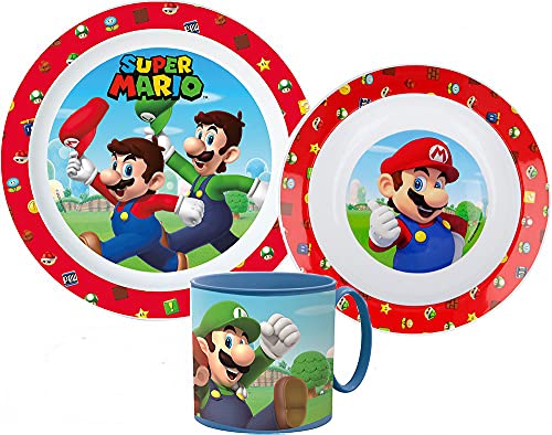Super Mario Kinder-Geschirr Set mit Teller, Müslischale und Trinkbecher (wiederverwendbar) von Une