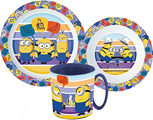 Une Kinder-Geschirr Set mit Teller, Müslischale und Trinkbecher inkl. Besteck (wiederverwendbar) kompatibel zu (Minions) von Une