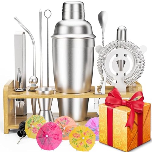 Cocktail Shaker Set vatertagsgeschenk - 750 ML Edelstahl Bonus CocktailShaker Cocktail Set Book, Cocktail Barkeep Set, Bar Zubehör Theke Shaker Barmixer mit Holzständer, Geburtstagsgeschenk für Männer von UneedMe