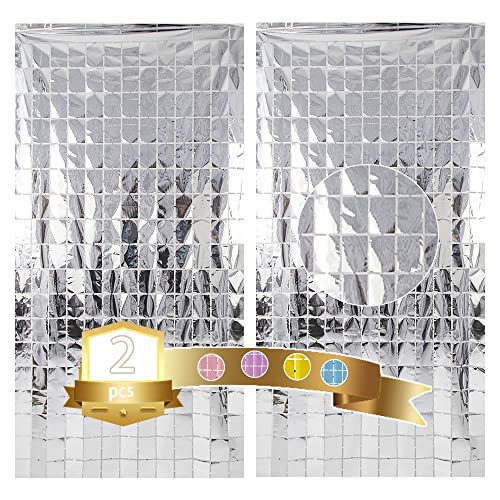 Ungfu Mall 2 Stück Silber Quadrat Metallic Lametta Vorhänge,Tinsel Folie Vorhang Quadrat Folienfransen Vorhang für Hochzeit Verlobung Brautdusche Geburtstag Bachelorette Party Bühnendekor（1m×2m） von Ungfu Mall