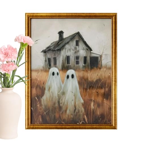 Ghost Wall Decor - Spooky Prints Artwork für Halloween Decoration | Rahmen mit Geisterdesign, dekorative hängende Kunst, perfekt für Schlafzimmer im Wohnzimmer Badezimmerbüros, 24x19x1.8 cm Leinen von Ungtyb