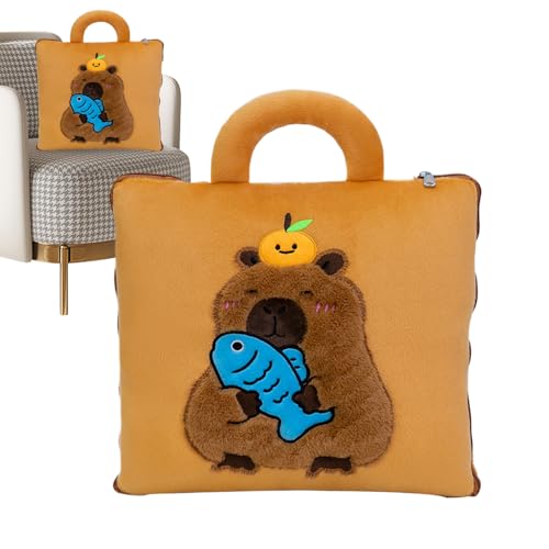 Ungtyb Capybara Plush Reisedecke und | 2 in 1 mit versteckter Decke, kompakte Kopfstütze für Camping für Auto Flugzeug, weiche Schlafmatte für Kinder Erwachsene von Ungtyb