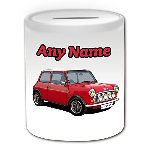 Uni-gift Personalisierbare Spardose, Geschenk – Rot und Weiß, Mini Cooper vorne, Spardose in weiß von Uni-gift