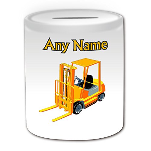 Personalisiertes Geschenk – Gabelstapler Spardose (Design Thema, weiß) – Für jede Nachricht/Name auf Ihrem Einzigartig – Treiber Konstruktion Store Lager Raum Gabel Lift Truck Factory Worker Katze JCB von Uni-gift