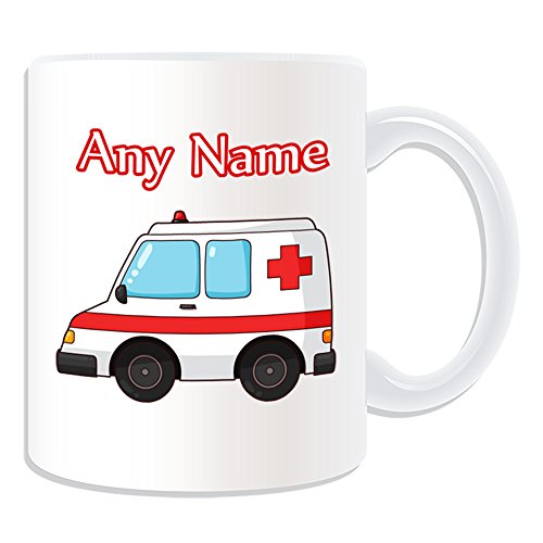 Personalisierbares Geschenk – Krankenwagen-Tasse (Transport-Design, Weiß) – jeder Name / Nachricht auf Ihrem einzigartigen – NHS Van Fahrzeug Krankenhaus St. John Red Cross Sanitäter Rettungsdienst 999 Fahrer Automobile von UNIGIFT